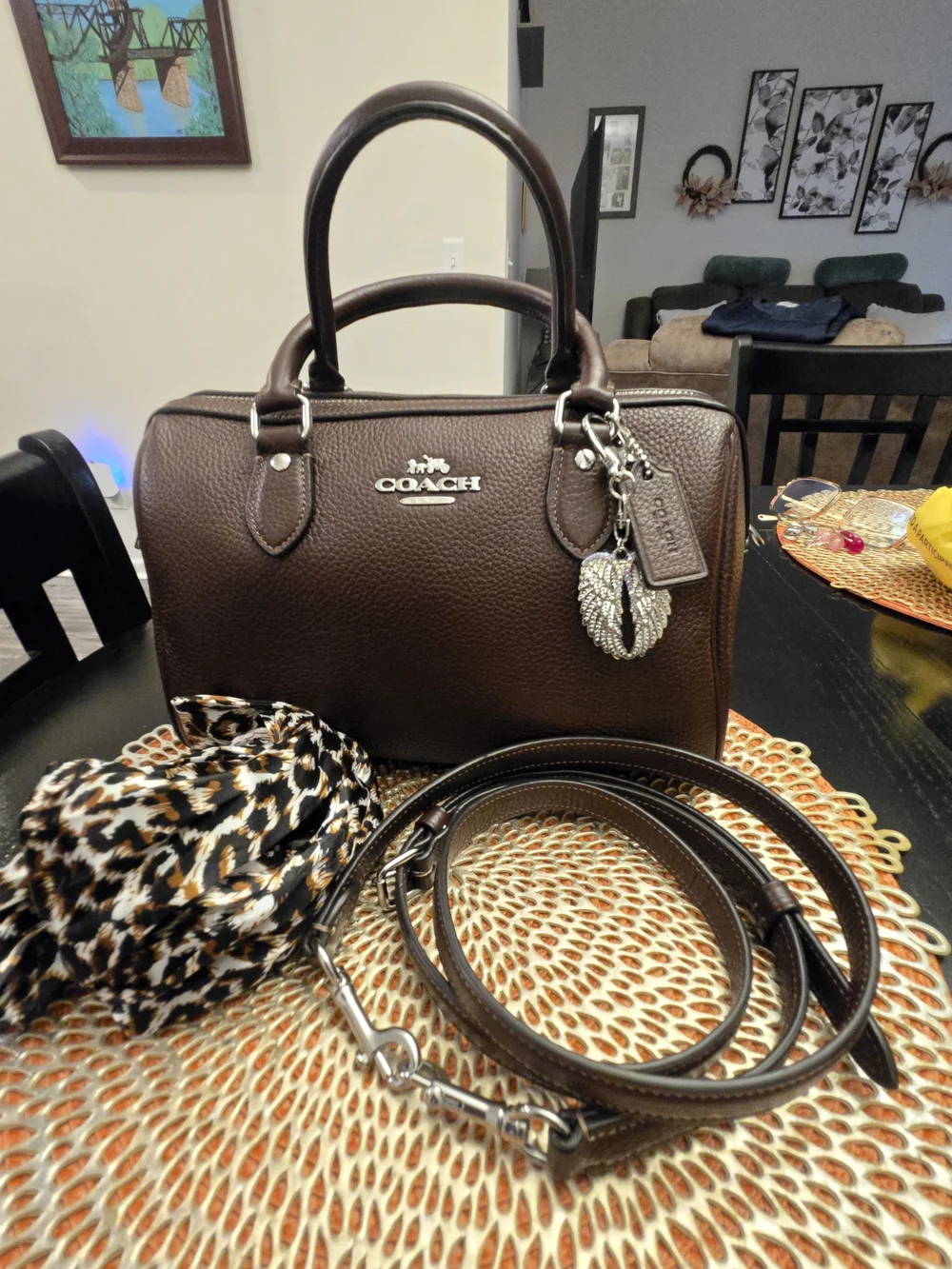 Coach Dark Brown Pebbled Leather Satchel with Scarf Accent